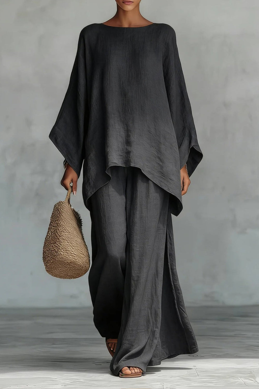 Women's Relaxed Batwing-Sleeve Linen-Blend Wide-Leg Pants Set - Dark Grey