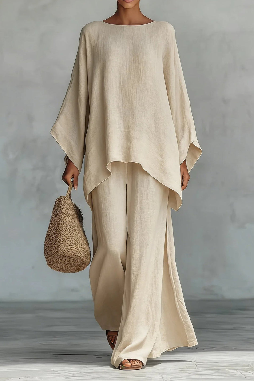 Women's Relaxed Batwing-Sleeve Linen-Blend Wide-Leg Pants Set - Khaki