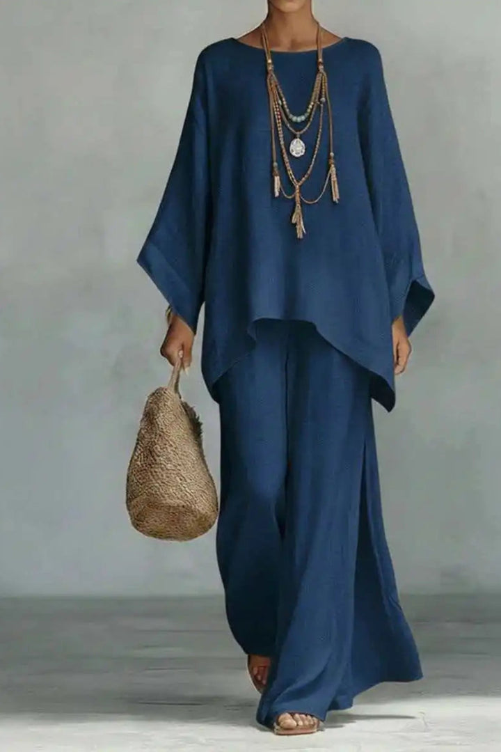 Women's Relaxed Batwing-Sleeve Linen-Blend Wide-Leg Pants Set - Navy