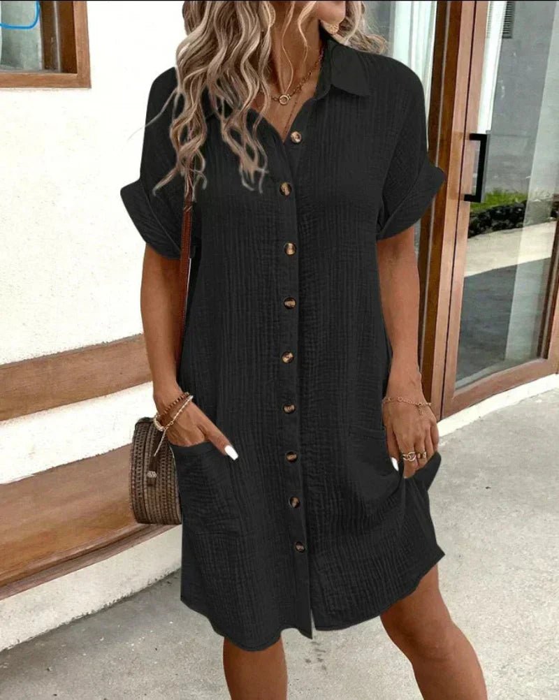 Women's Relaxed-Fit Button-Down Cotton Linen Shirt Dress Pockets - Black
