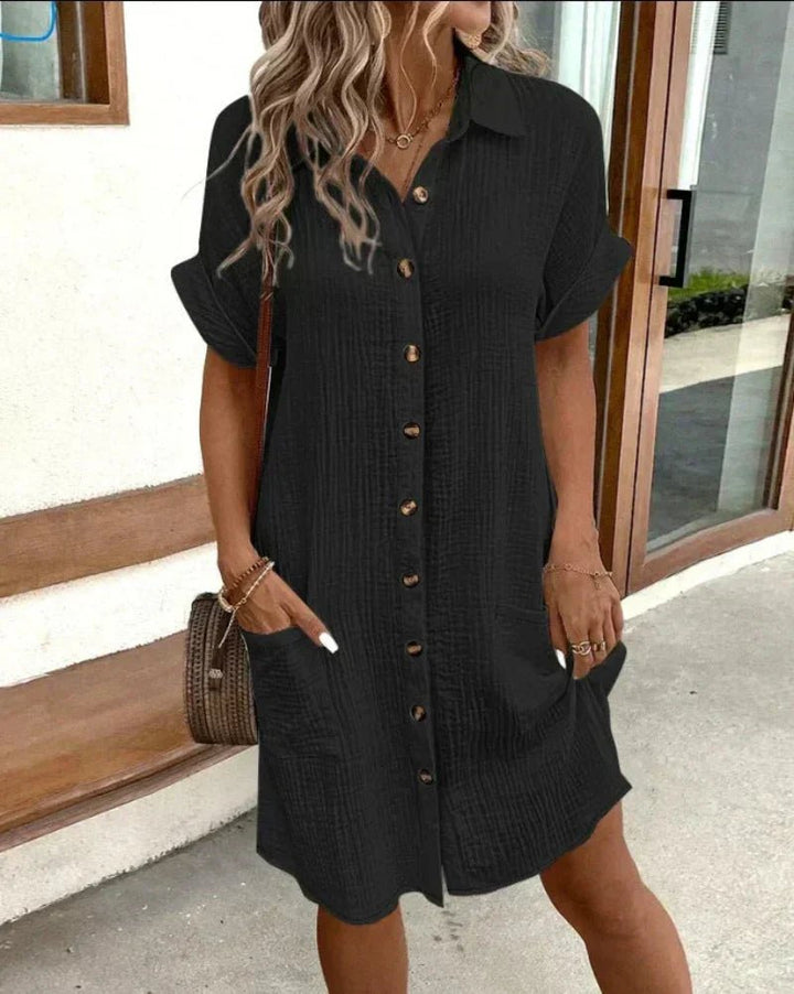 Women's Relaxed-Fit Button-Down Cotton Linen Shirt Dress Pockets - Black
