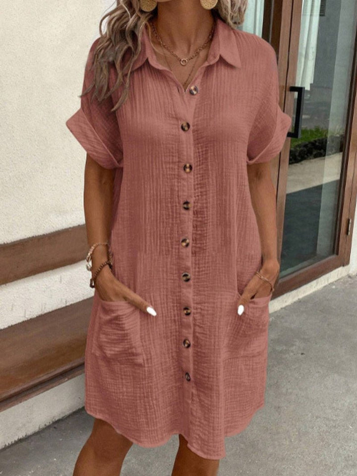 Women's Relaxed-Fit Button-Down Cotton Linen Shirt Dress Pockets - Red