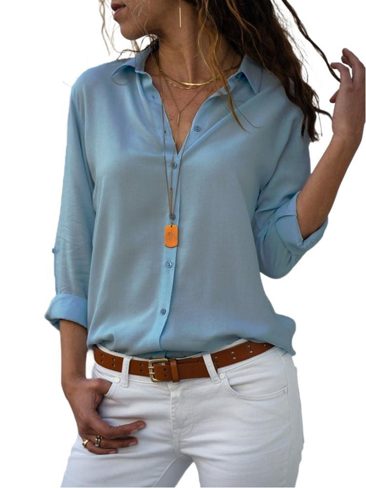 Women's Relaxed-Fit Button-Down Roll-Sleeve Collared Blouse - Light Blue