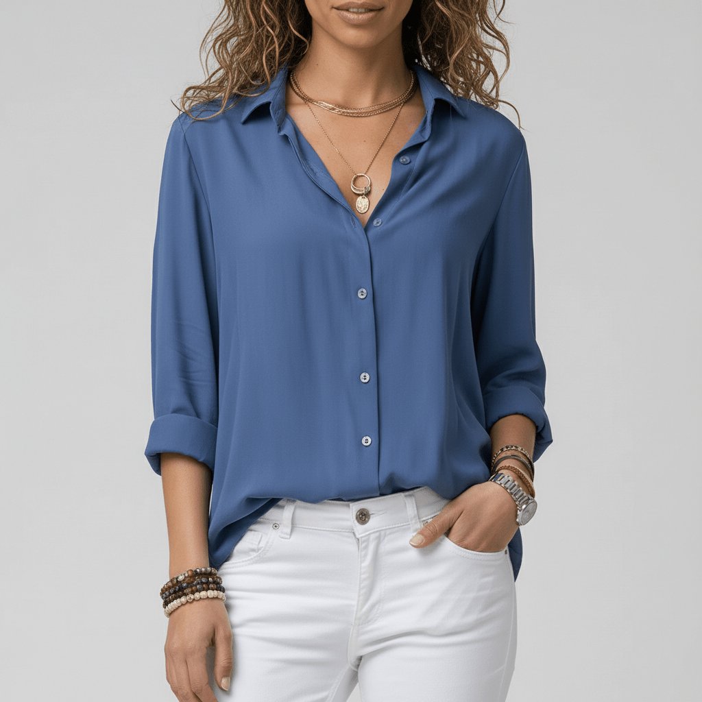 Women's Relaxed-Fit Button-Up Long Sleeve Shirt Collar Blouse - Ocean Blue