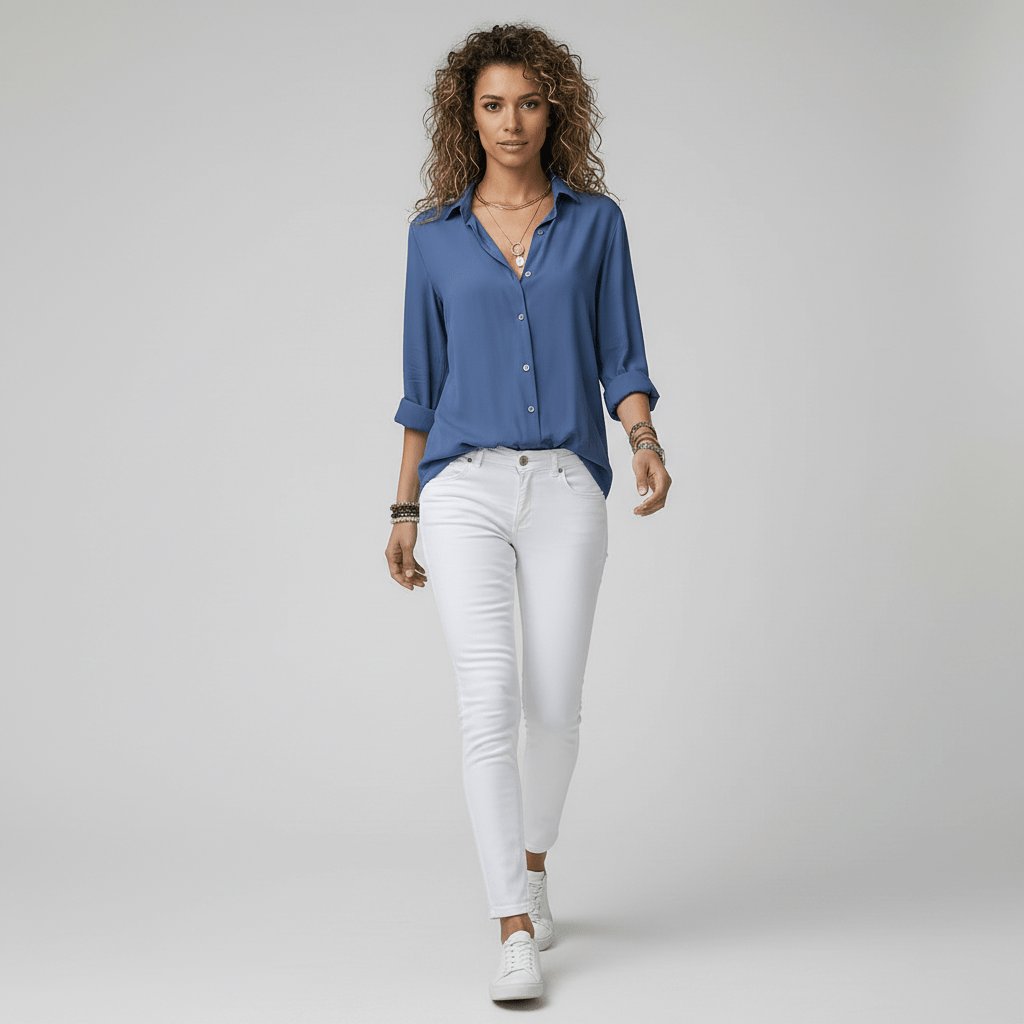 Women's Relaxed-Fit Button-Up Long Sleeve Shirt Collar Blouse