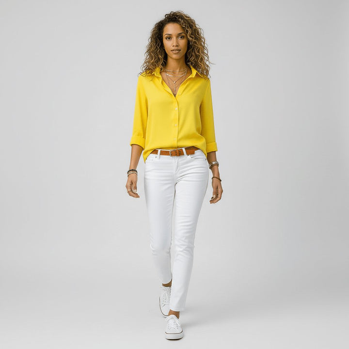 Women's Relaxed-Fit Button-Up Long Sleeve Shirt Collar Blouse