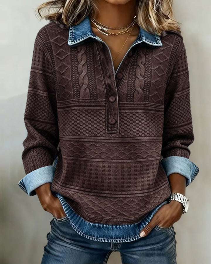 Women's Relaxed-Fit Cable-Knit Half-Button Collar Sweatshirt - Coffee