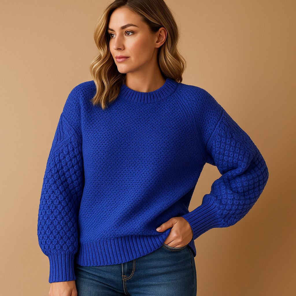 Women's Relaxed-Fit Cable-Sleeve Crew Neck Knit Sweater - Blue