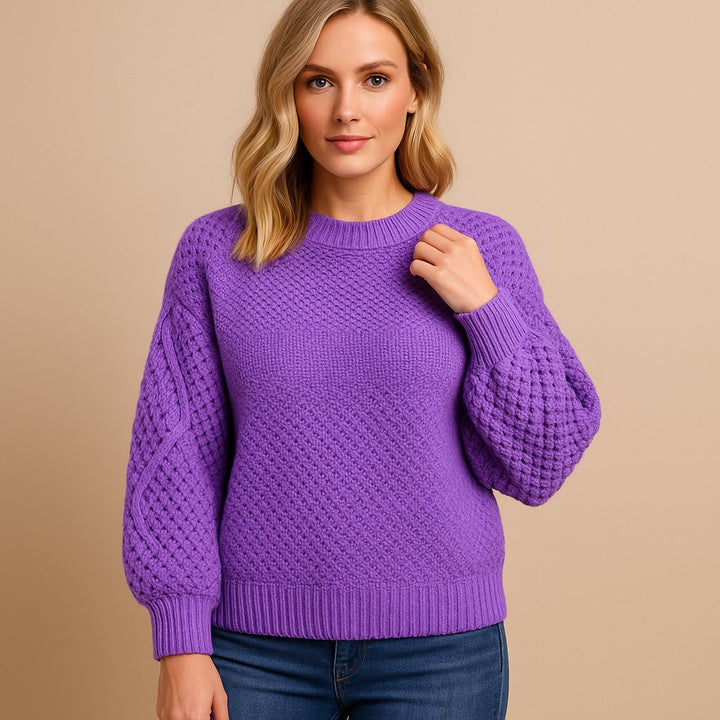 Women's Relaxed-Fit Cable-Sleeve Crew Neck Knit Sweater - Violet