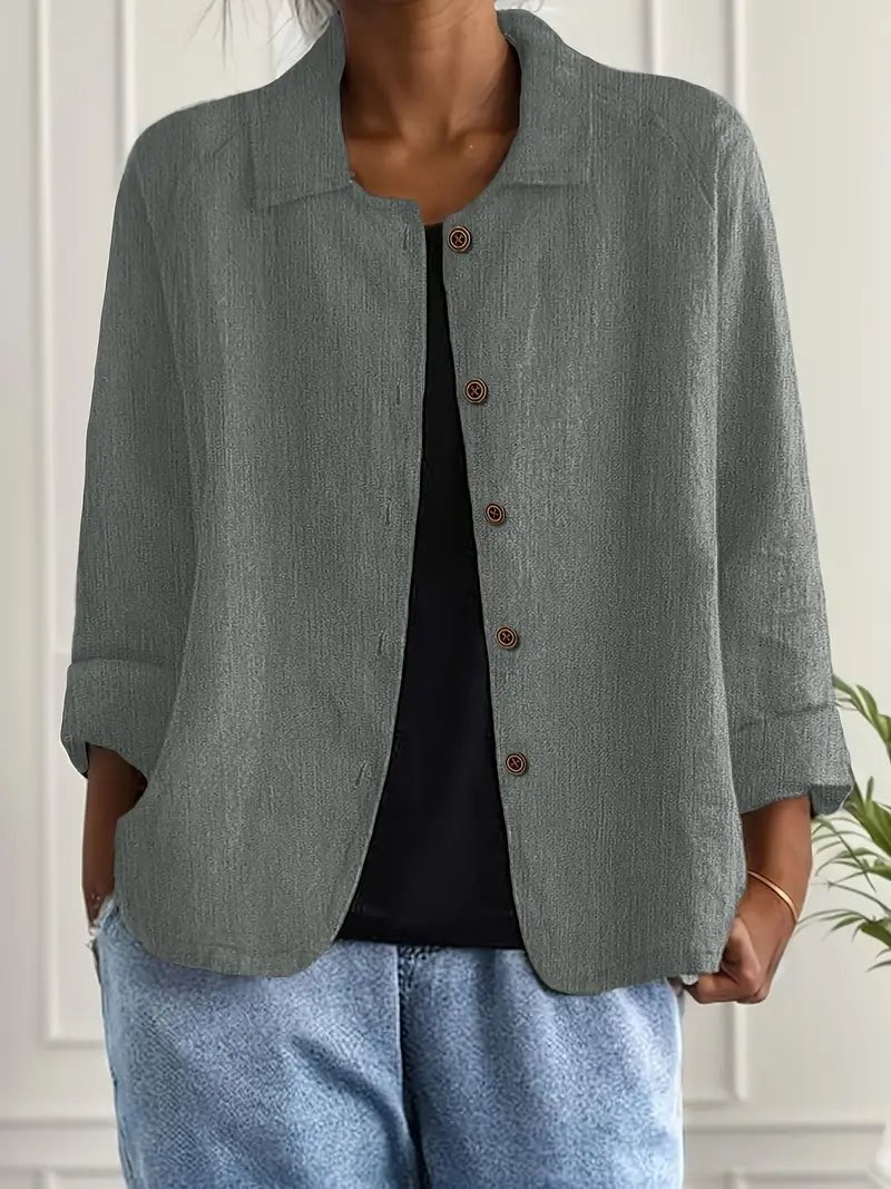 Women's Relaxed-Fit Collared Button-Front Long Sleeve Blazer - Grey
