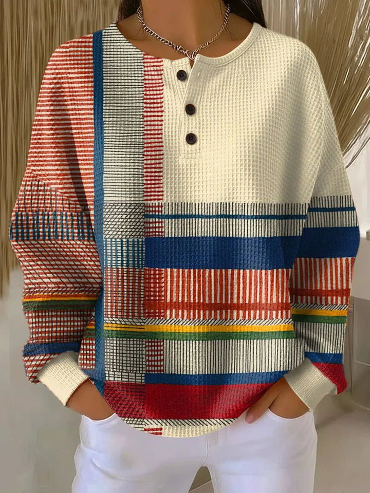 Women's Relaxed-Fit Color-Block Waffle-Knit Henley Sweater - Multicolored