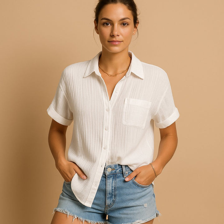 Women's Relaxed-Fit Cotton Gauze Short Sleeve Button-Down Shirt - White
