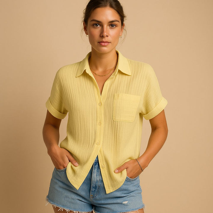 Women's Relaxed-Fit Cotton Gauze Short Sleeve Button-Down Shirt - Yellow