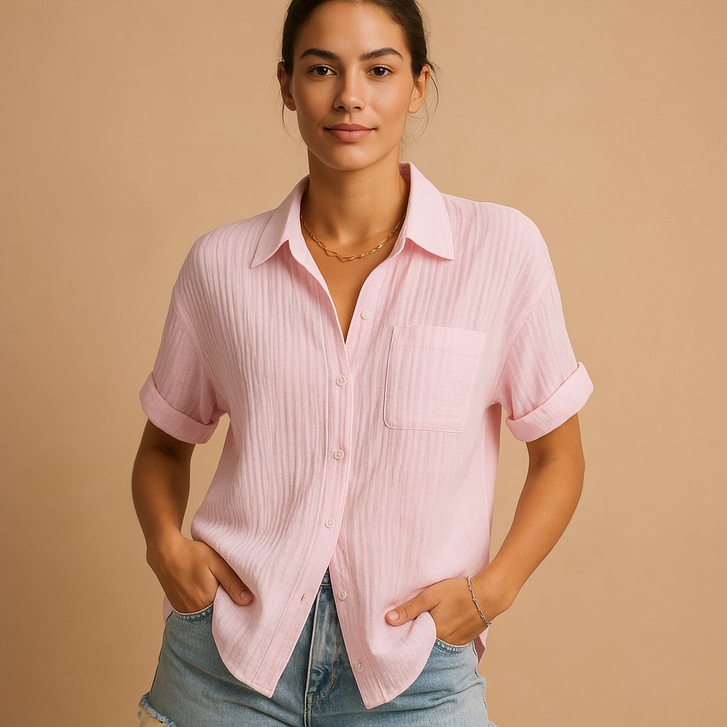 Women's Relaxed-Fit Cotton Gauze Short Sleeve Button-Down Shirt - Pink