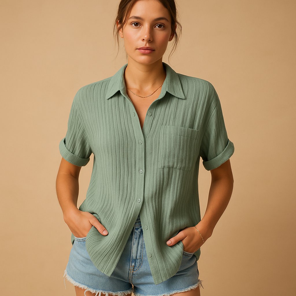 Women's Relaxed-Fit Cotton Gauze Short Sleeve Button-Down Shirt - Green