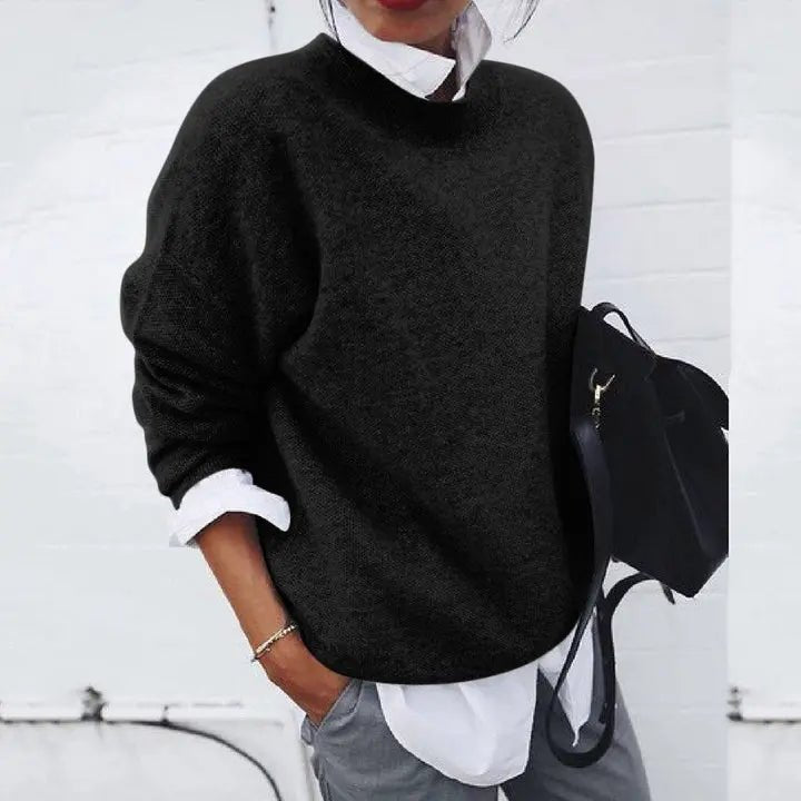 Women's Relaxed-Fit Crew Neck Cashmere Blend Pullover Sweater - Black