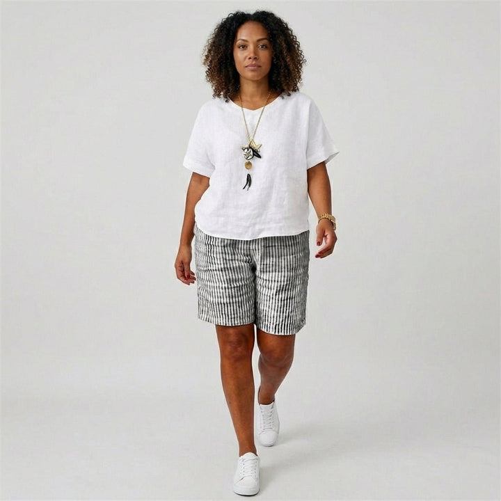 Women's Relaxed-Fit Elastic-Waist Striped Linen Bermuda Shorts