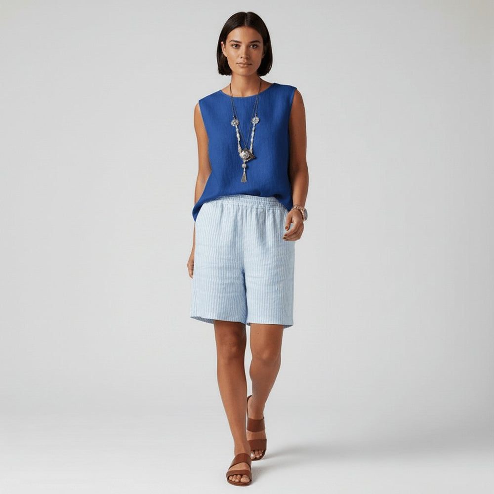 Women's Relaxed-Fit Elastic-Waist Striped Linen Bermuda Shorts