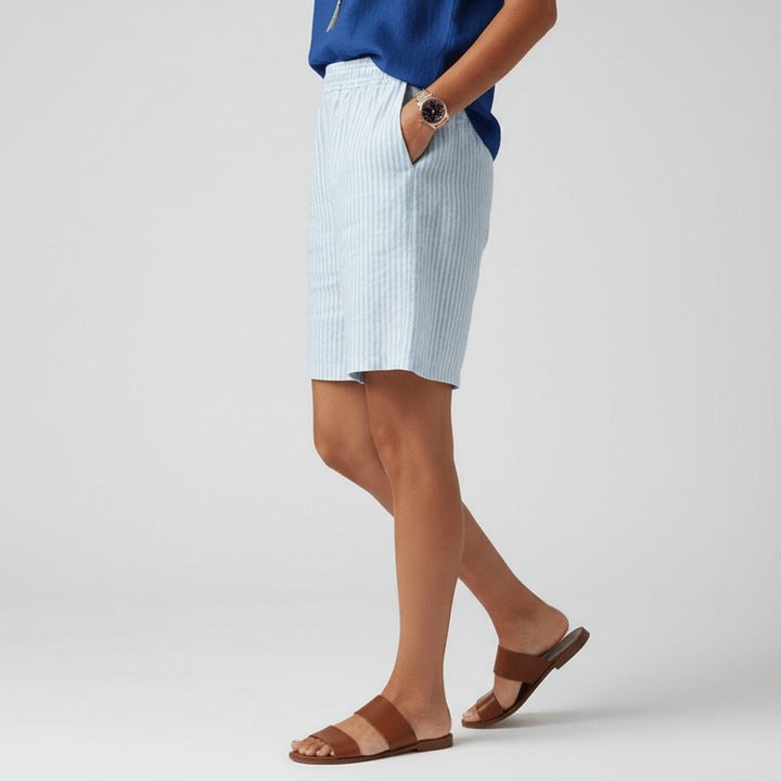 Women's Relaxed-Fit Elastic-Waist Striped Linen Bermuda Shorts