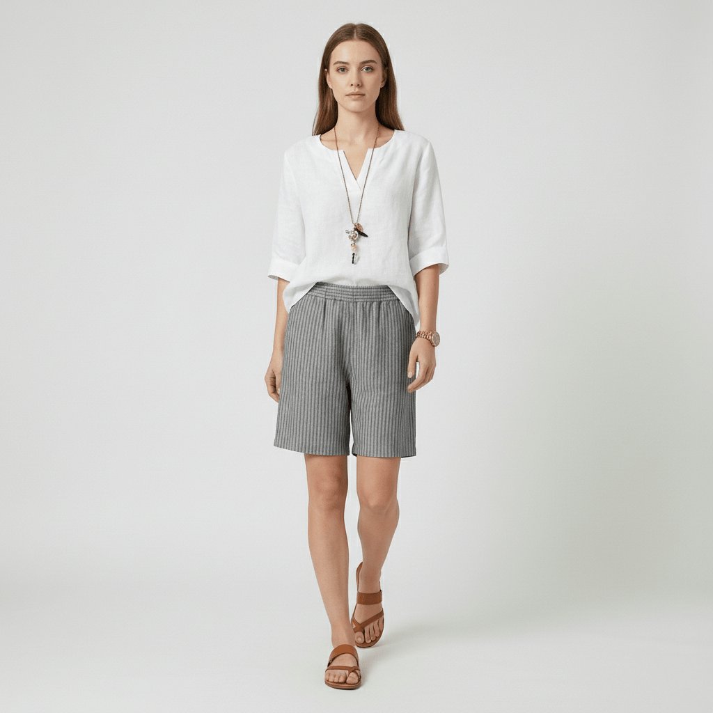 Women's Relaxed-Fit Elastic-Waist Striped Linen Bermuda Shorts