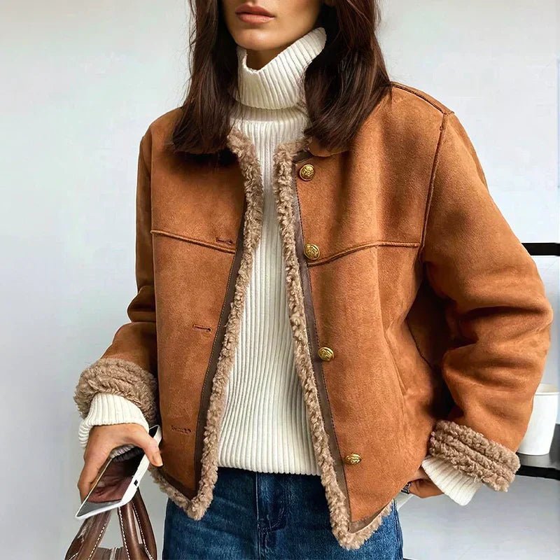 Women's Relaxed-Fit Faux Shearling Button-Front Jacket - Brown