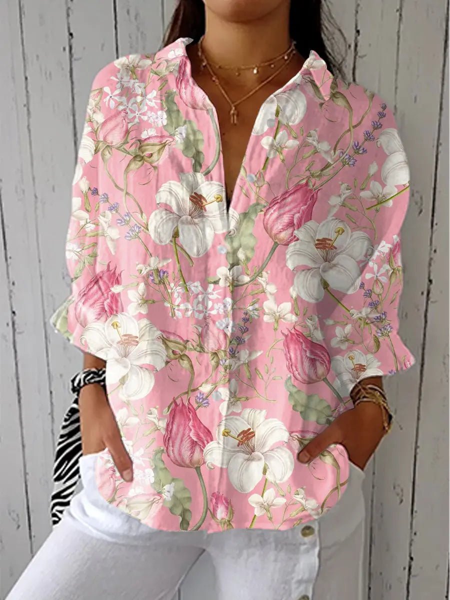 Women's Relaxed-Fit Floral Button-Front Long-Sleeve Blouse - Multicolor