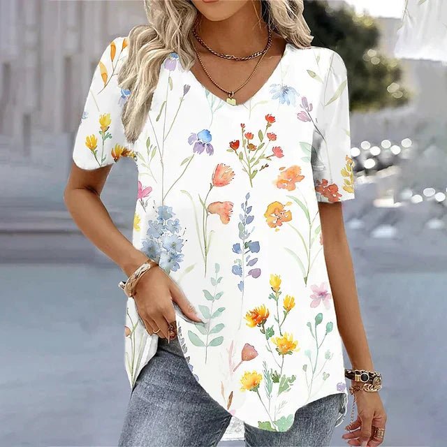 Women's Relaxed-Fit Floral V-Neck Short Sleeve Top - Beige
