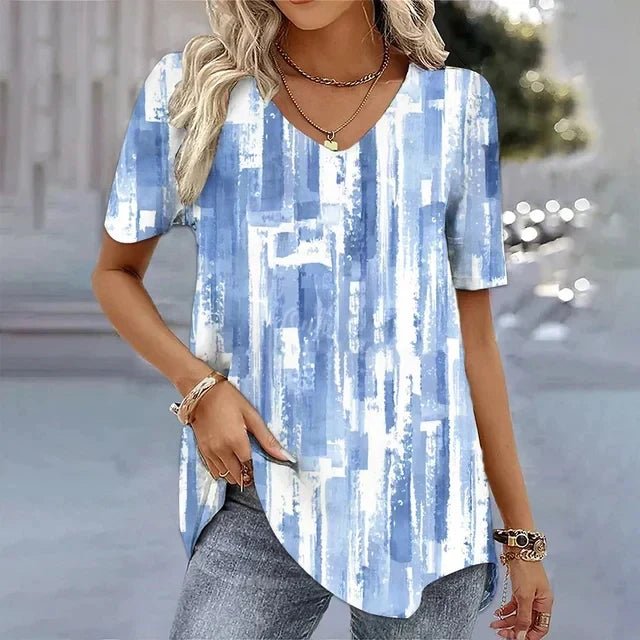 Women's Relaxed-Fit Floral V-Neck Short Sleeve Top - Blue