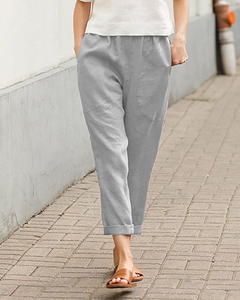 Women's Relaxed-Fit Linen-Cotton Tapered Pants Elastic Waist - Gray
