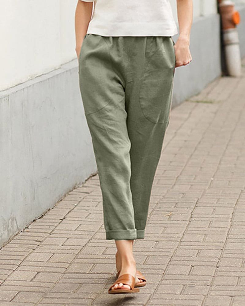 Women's Relaxed-Fit Linen-Cotton Tapered Pants Elastic Waist - Green