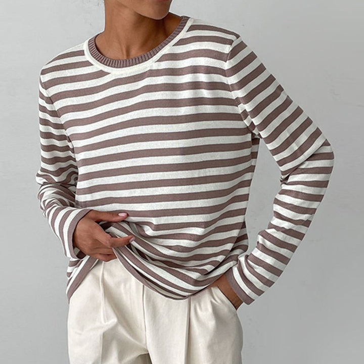Women's Relaxed-Fit Long-Sleeve Striped Crewneck Sweater - Brown