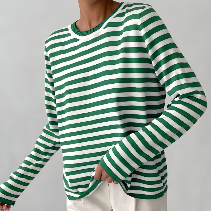 Women's Relaxed-Fit Long-Sleeve Striped Crewneck Sweater - Green