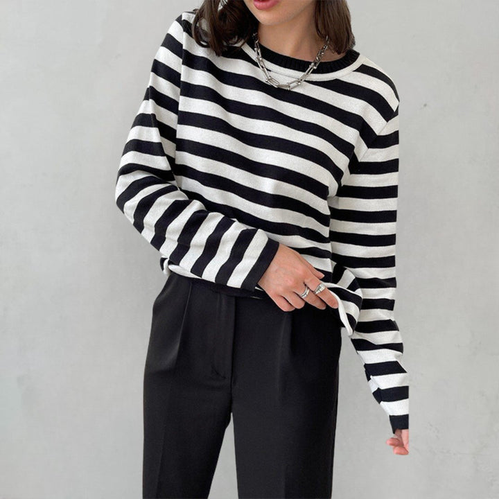 Women's Relaxed-Fit Long-Sleeve Striped Crewneck Sweater - Black