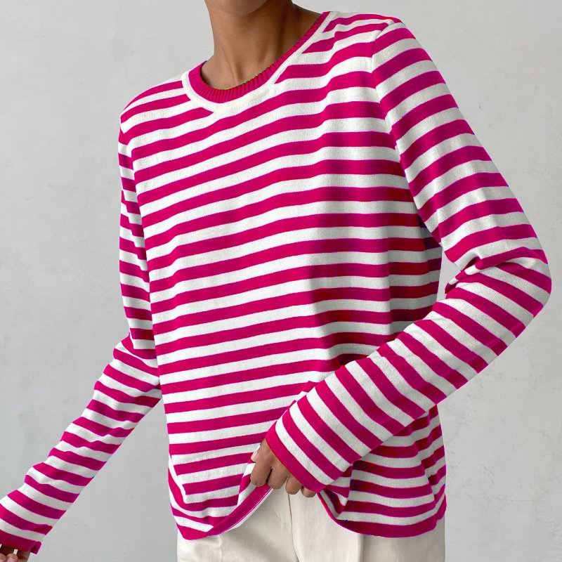 Women's Relaxed-Fit Long-Sleeve Striped Crewneck Sweater - Pink