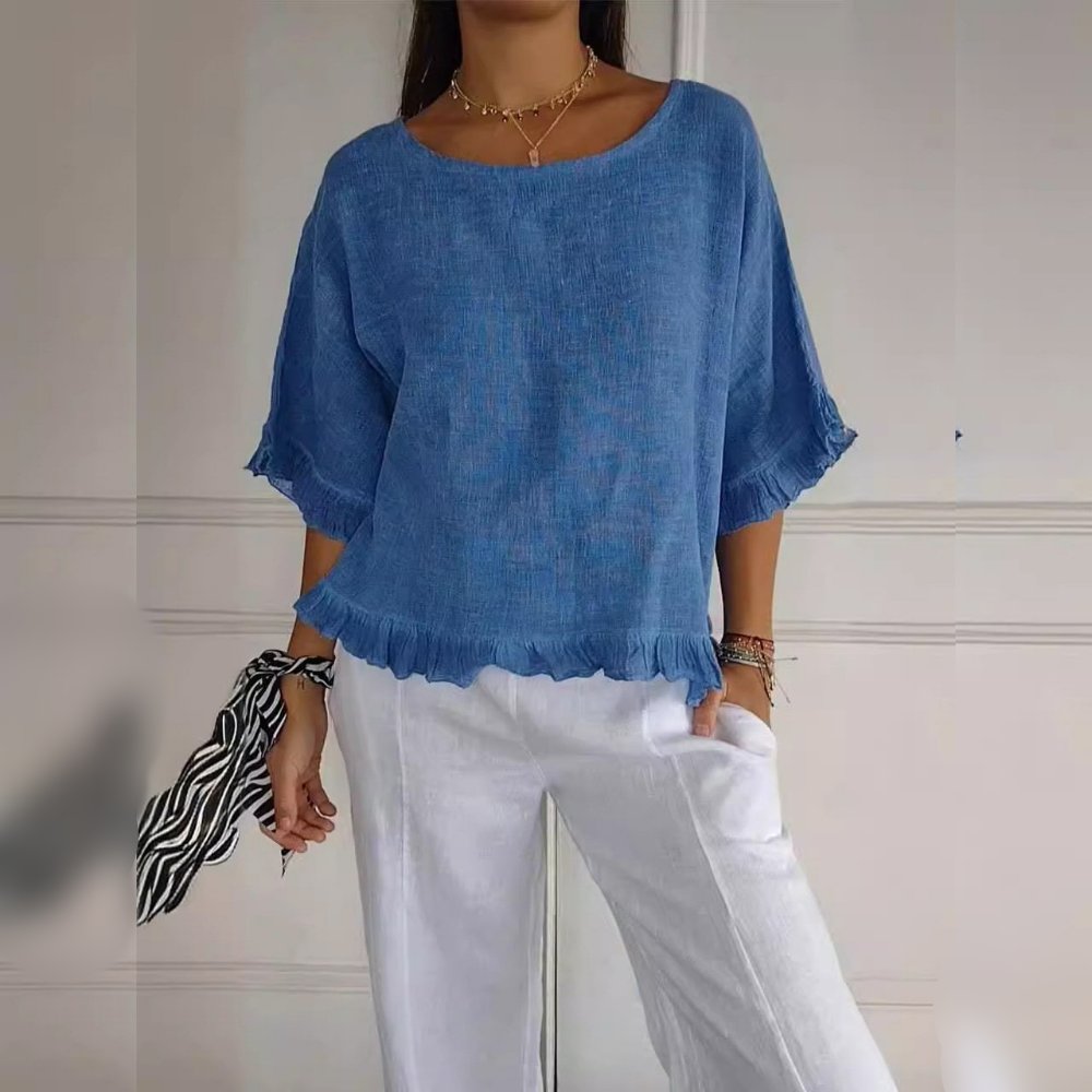 Women's Relaxed-Fit Ruffle-Hem Short-Sleeve Linen Blouse