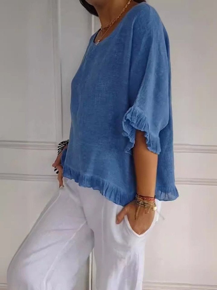 Women's Relaxed-Fit Ruffle-Hem Short-Sleeve Linen Blouse