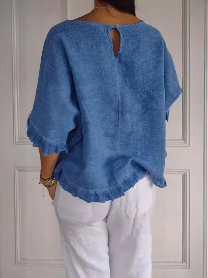 Women's Relaxed-Fit Ruffle-Hem Short-Sleeve Linen Blouse