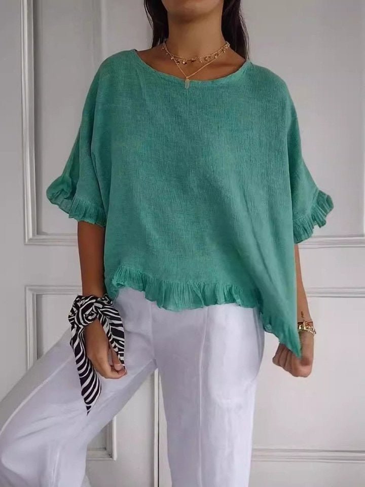 Women's Relaxed-Fit Ruffle-Hem Short-Sleeve Linen Blouse - Green (Almost sold out)