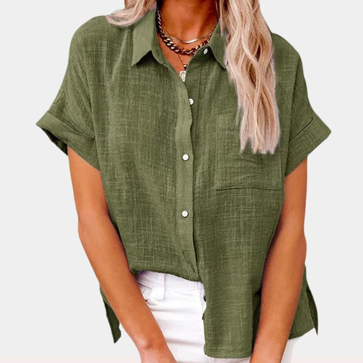 Women's Relaxed-Fit Short-Sleeve Button-Down Shirt Front Pocket - Green