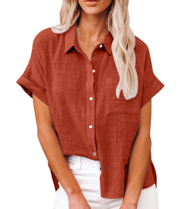 Women's Relaxed-Fit Short-Sleeve Button-Down Shirt Front Pocket - Red