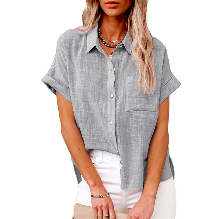 Women's Relaxed-Fit Short-Sleeve Button-Down Shirt Front Pocket - Gray