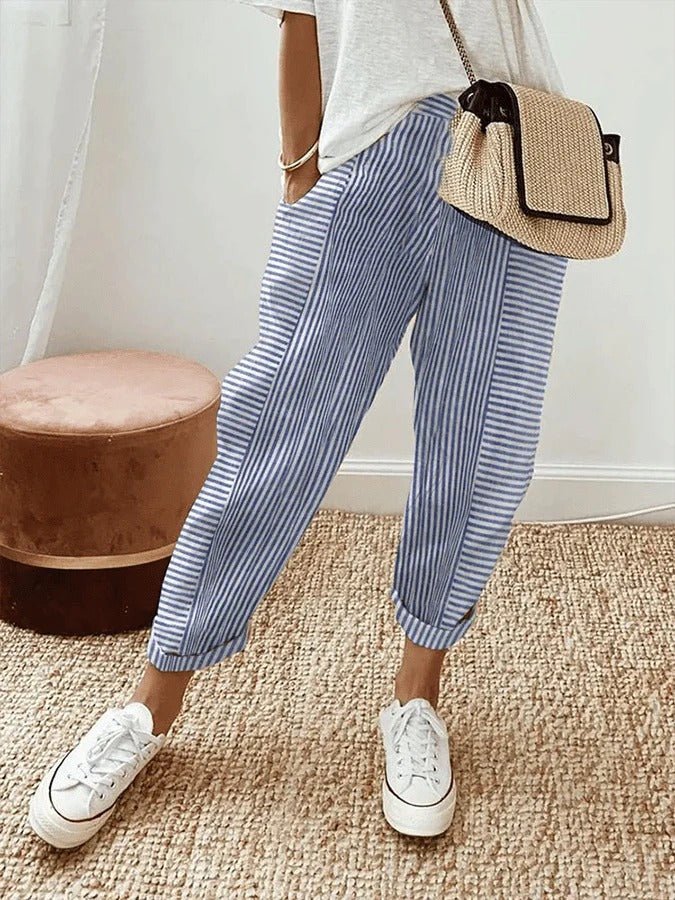 Women's Relaxed-Fit Striped Linen-Style Tapered Cropped Pants - Blue