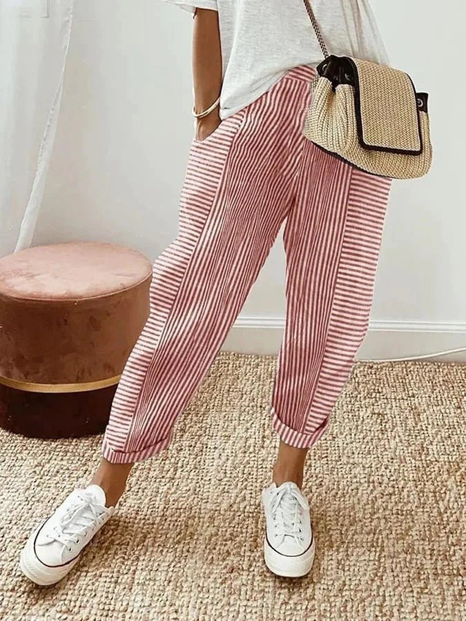 Women's Relaxed-Fit Striped Linen-Style Tapered Cropped Pants - Red