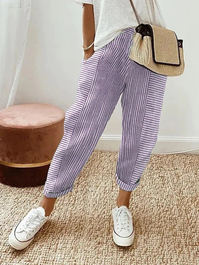 Women's Relaxed-Fit Striped Linen-Style Tapered Cropped Pants - Purple