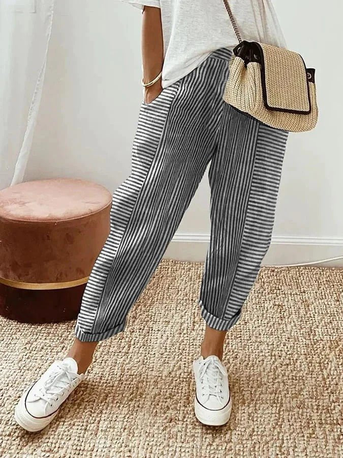Women's Relaxed-Fit Striped Linen-Style Tapered Cropped Pants - Black