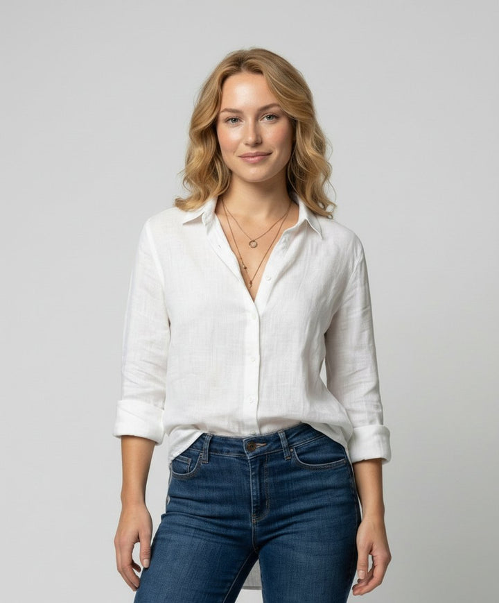 Women's Relaxed-Fit Three-Quarter Sleeve Linen Button-Up Shirt - White