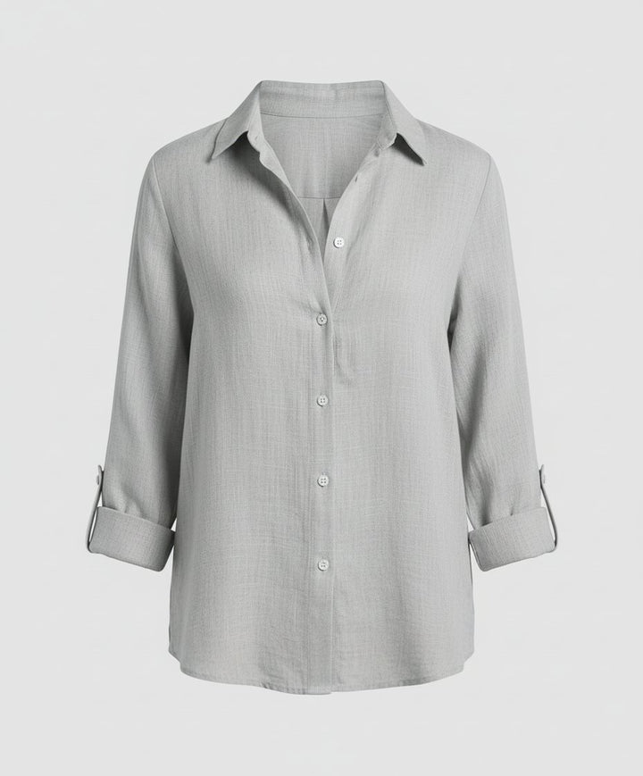 Women's Relaxed-Fit Three-Quarter Sleeve Linen Button-Up Shirt - Gray