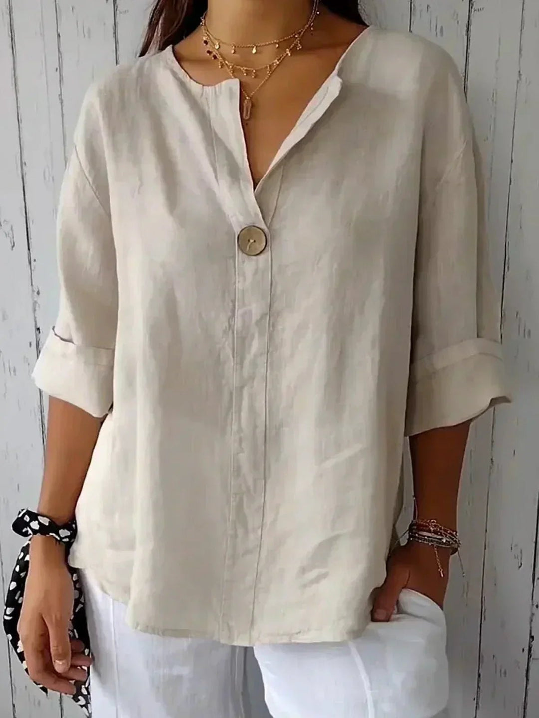 Women's Relaxed-Fit V-Neck 3/4 Sleeve Linen Blouse - Beige