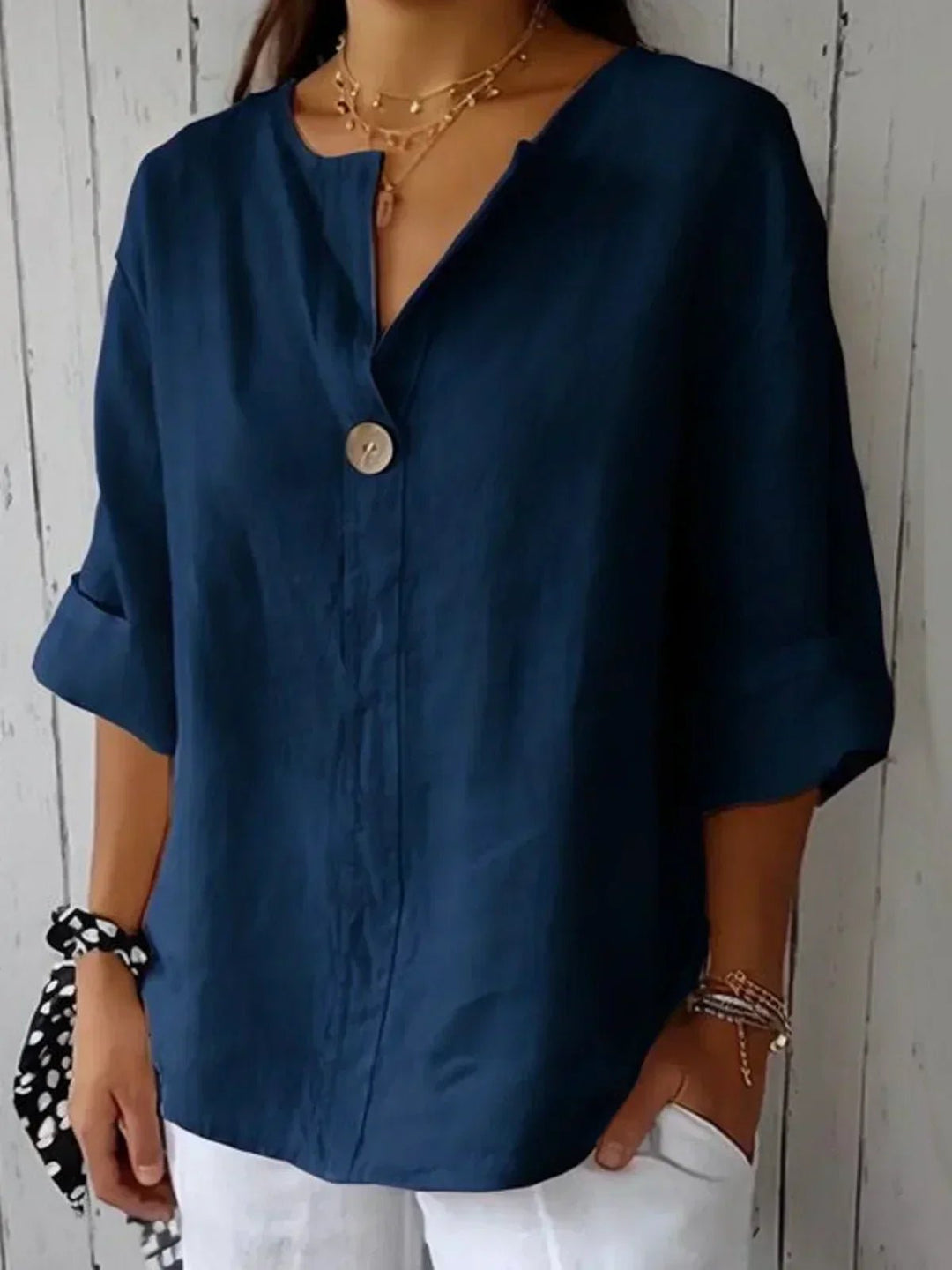 Women's Relaxed-Fit V-Neck 3/4 Sleeve Linen Blouse - Navy Blue