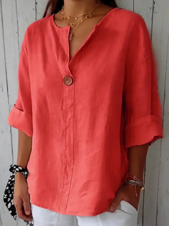 Women's Relaxed-Fit V-Neck 3/4 Sleeve Linen Blouse - Red